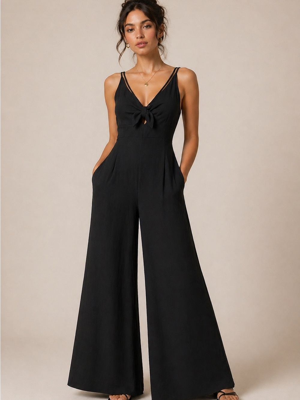 Black Wide Leg Jumpsuit Smocked Back Adjustable Straps Flowy Chic